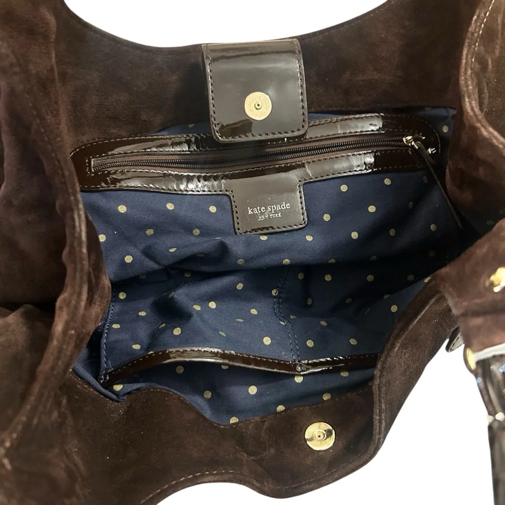 kate spade dark brown suede hobo with patent trim